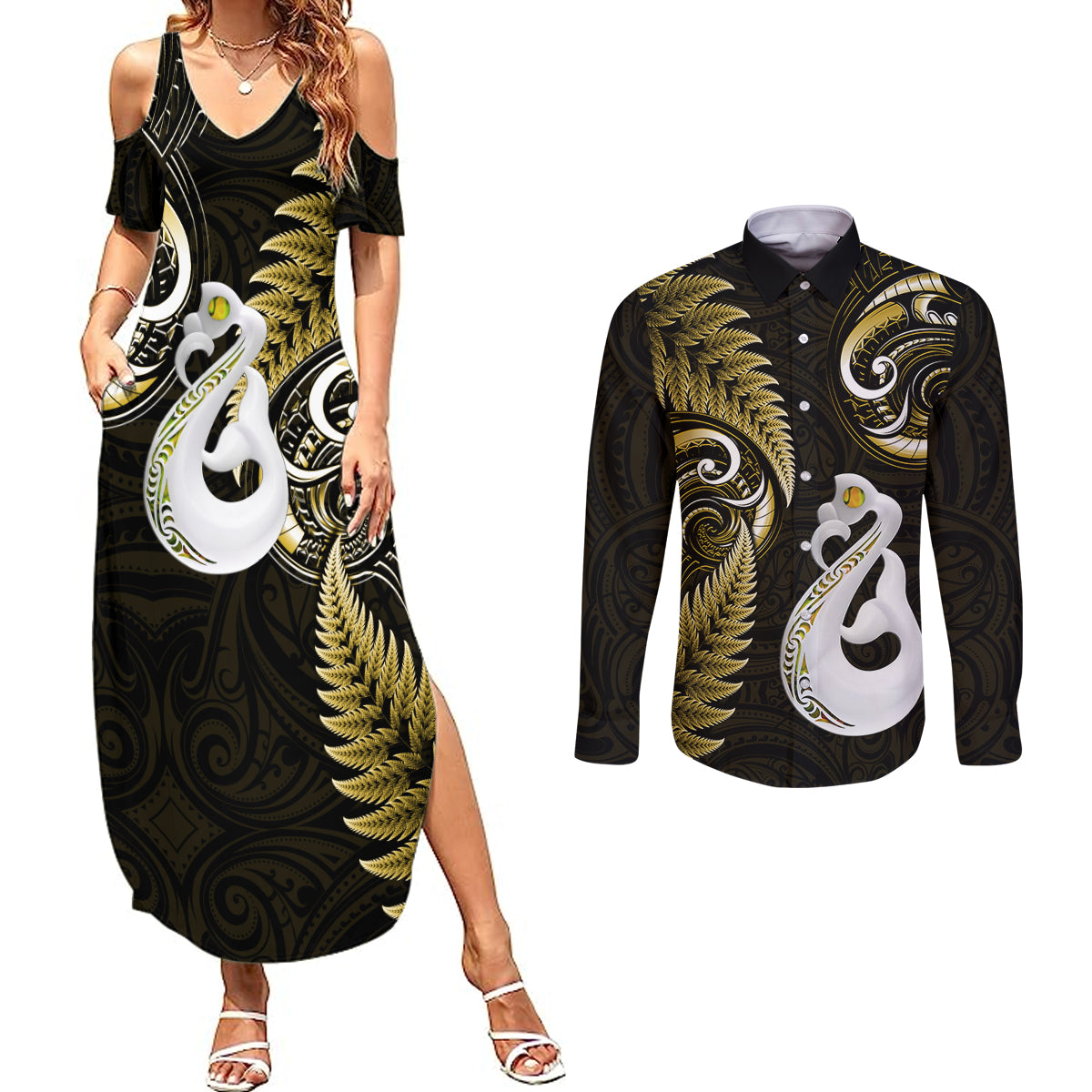 Personalised New Zealand Couples Summer Maxi Dress and Long Sleeve Button Shirts Aotearoa Silver Fern With Manaia Maori Unique Gold LT14 Gold - Polynesian Pride