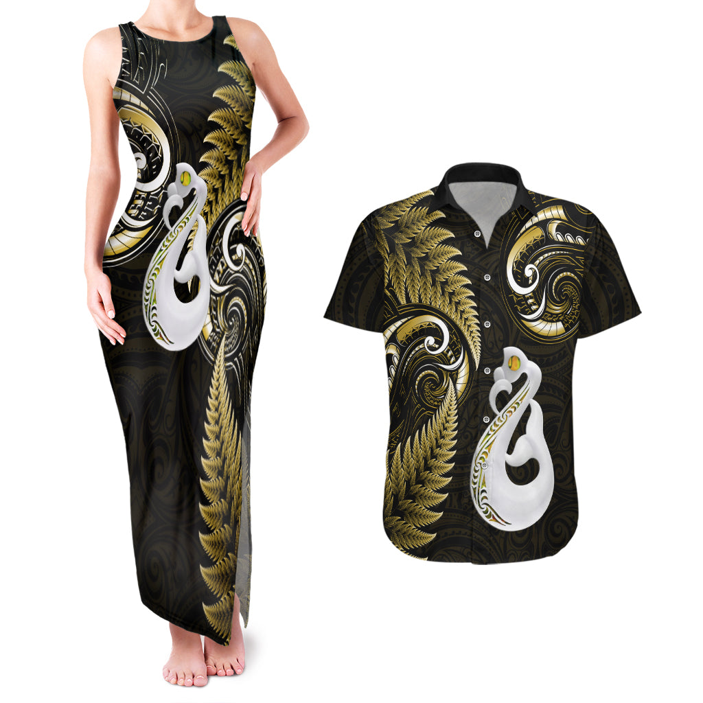 Personalised New Zealand Couples Matching Tank Maxi Dress And Hawaiian Shirt Aotearoa Silver Fern With Manaia Maori Unique Gold LT14 Gold - Polynesian Pride