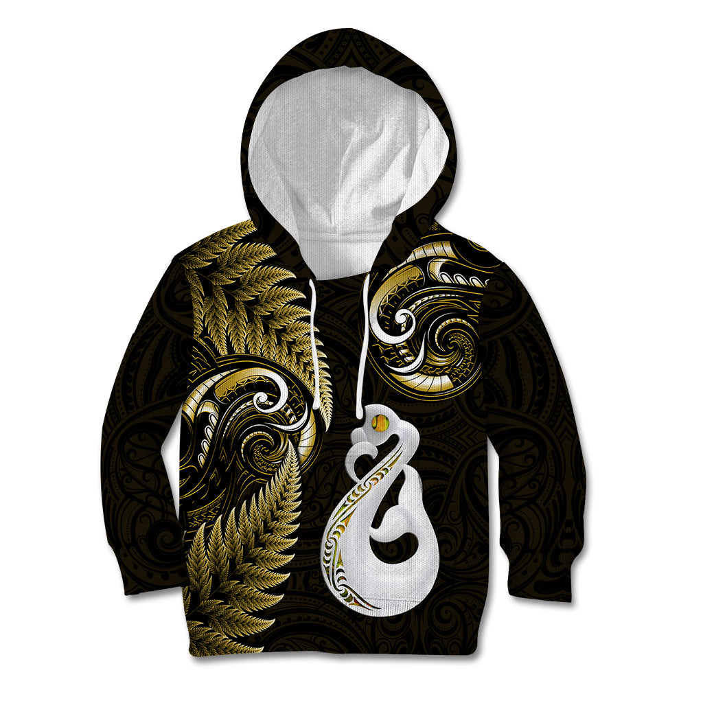 Personalised New Zealand Kid Hoodie Aotearoa Silver Fern With Manaia Maori Unique Gold LT14 Hoodie Gold - Polynesian Pride