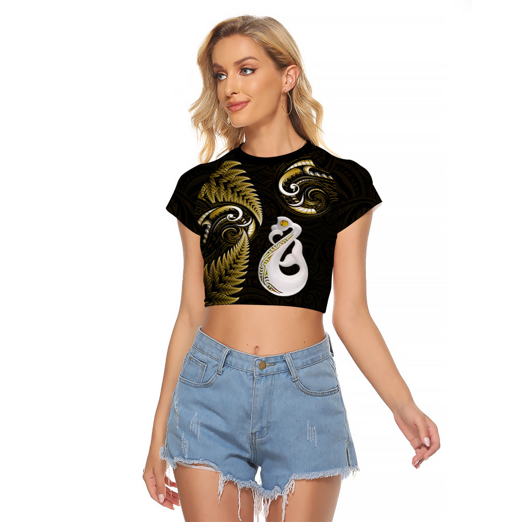 Personalised New Zealand Raglan Cropped T Shirt Aotearoa Silver Fern With Manaia Maori Unique Gold LT14 Female Gold - Polynesian Pride