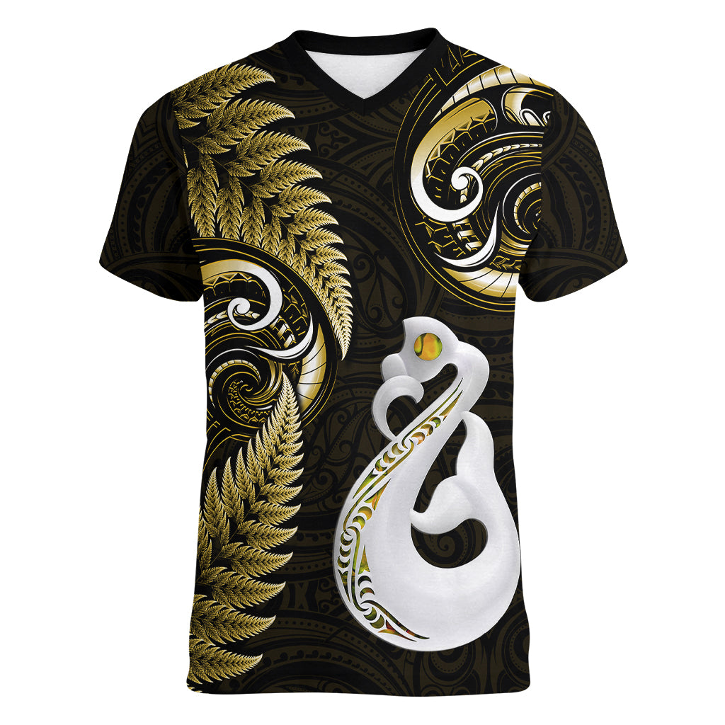 Personalised New Zealand Women V Neck T Shirt Aotearoa Silver Fern With Manaia Maori Unique Gold LT14 Female Gold - Polynesian Pride