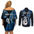 Personalised New Zealand Couples Off Shoulder Short Dress and Long Sleeve Button Shirts Aotearoa Silver Fern With Manaia Maori Unique Blue LT14 - Polynesian Pride