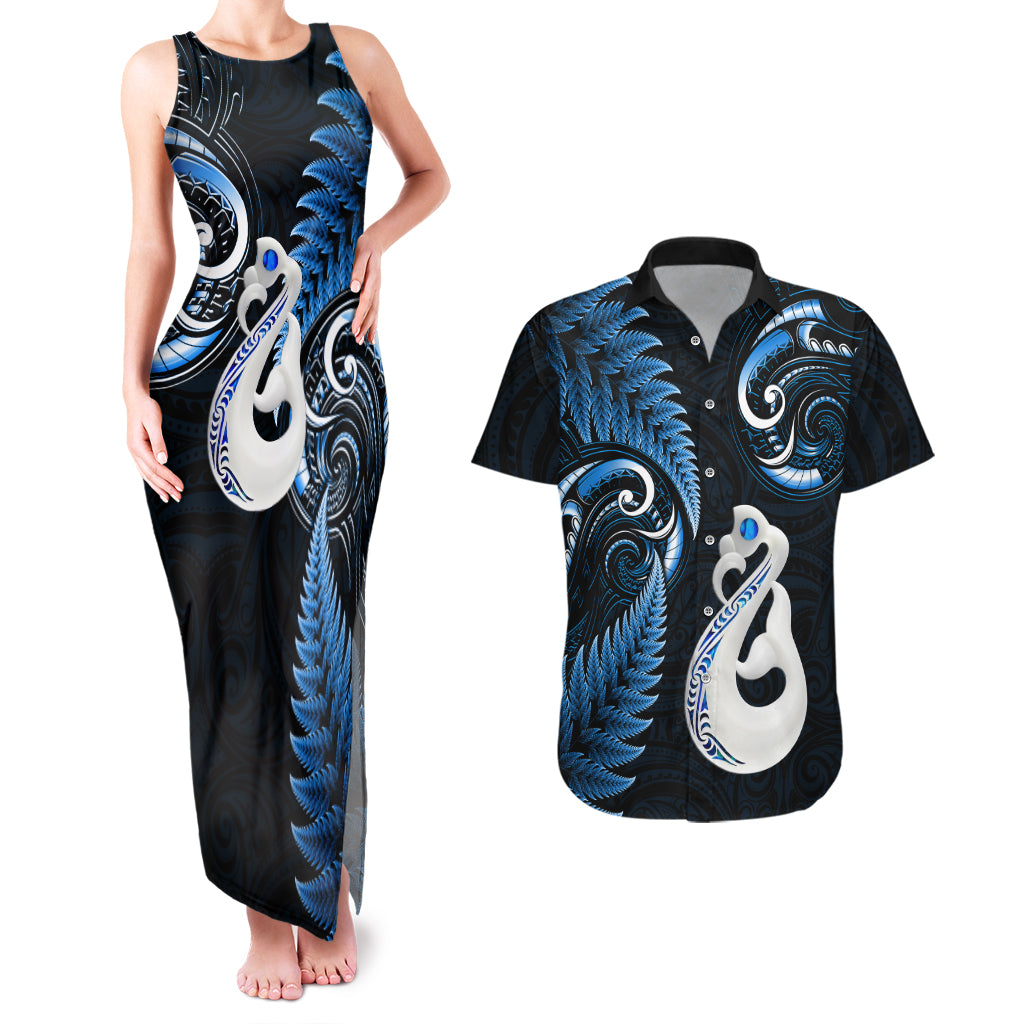 Personalised New Zealand Couples Matching Tank Maxi Dress And Hawaiian Shirt Aotearoa Silver Fern With Manaia Maori Unique Blue LT14 Blue - Polynesian Pride