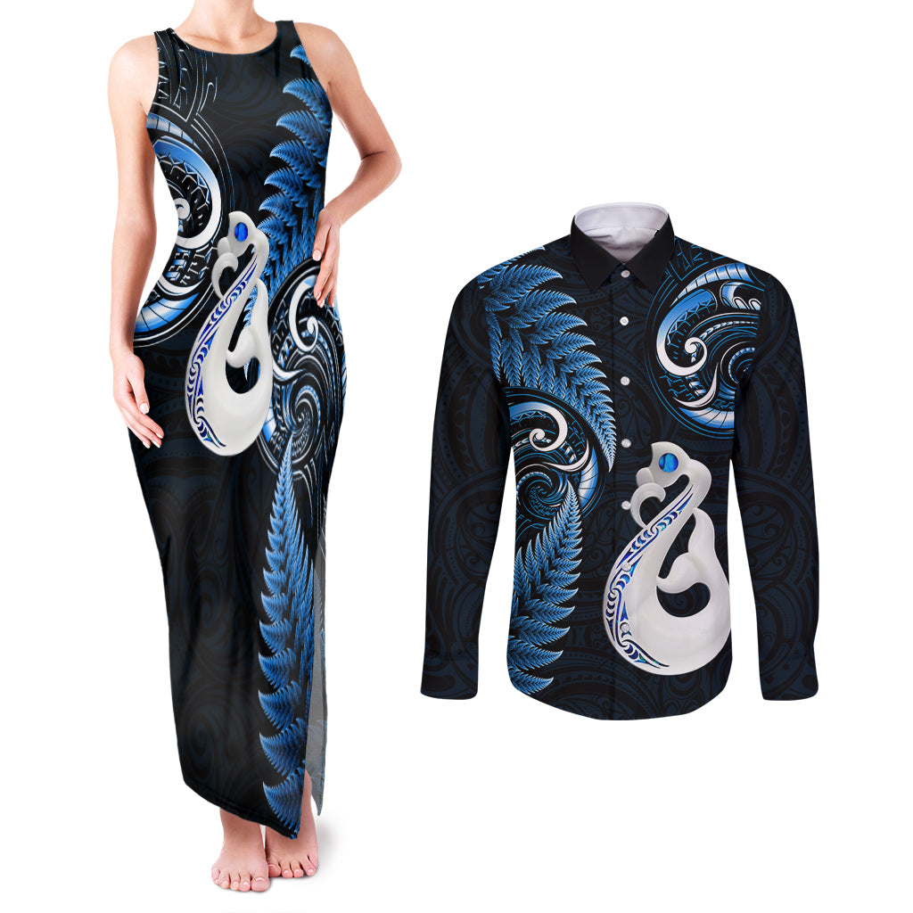 Personalised New Zealand Couples Matching Tank Maxi Dress and Long Sleeve Button Shirts Aotearoa Silver Fern With Manaia Maori Unique Blue LT14 Blue - Polynesian Pride