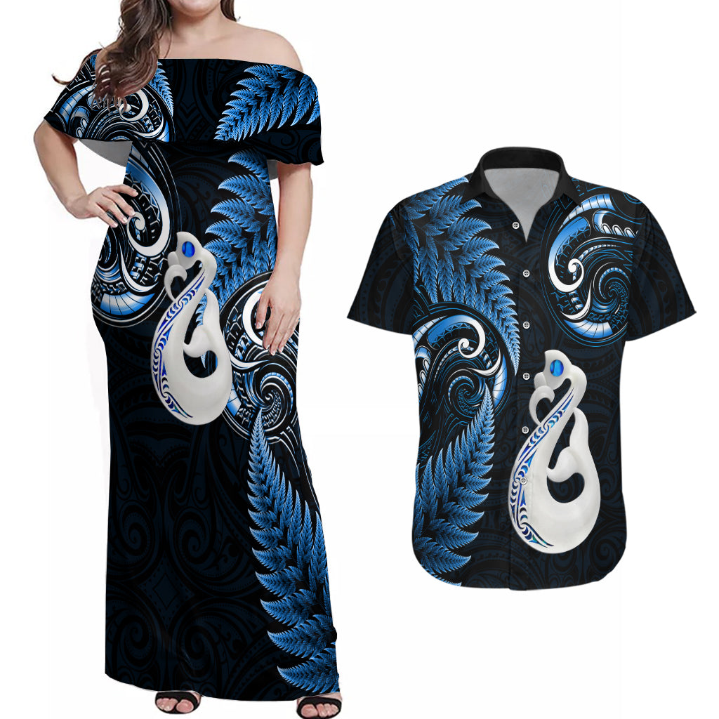 Personalised New Zealand Couples Off Shoulder Maxi Dress and Hawaiian Shirt Aotearoa Silver Fern With Manaia Maori Unique Blue LT14 Blue - Polynesian Pride