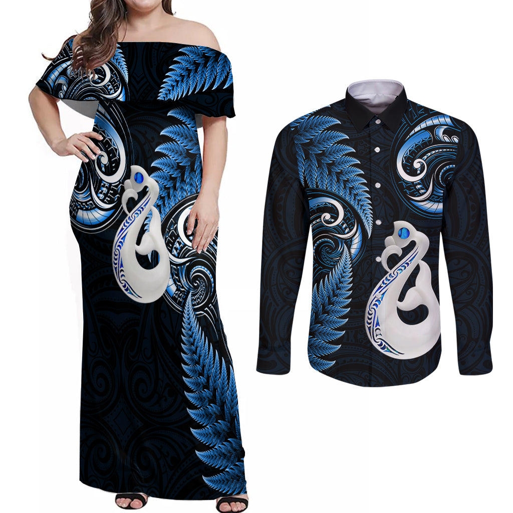 Personalised New Zealand Couples Off Shoulder Maxi Dress and Long Sleeve Button Shirts Aotearoa Silver Fern With Manaia Maori Unique Blue LT14 Blue - Polynesian Pride