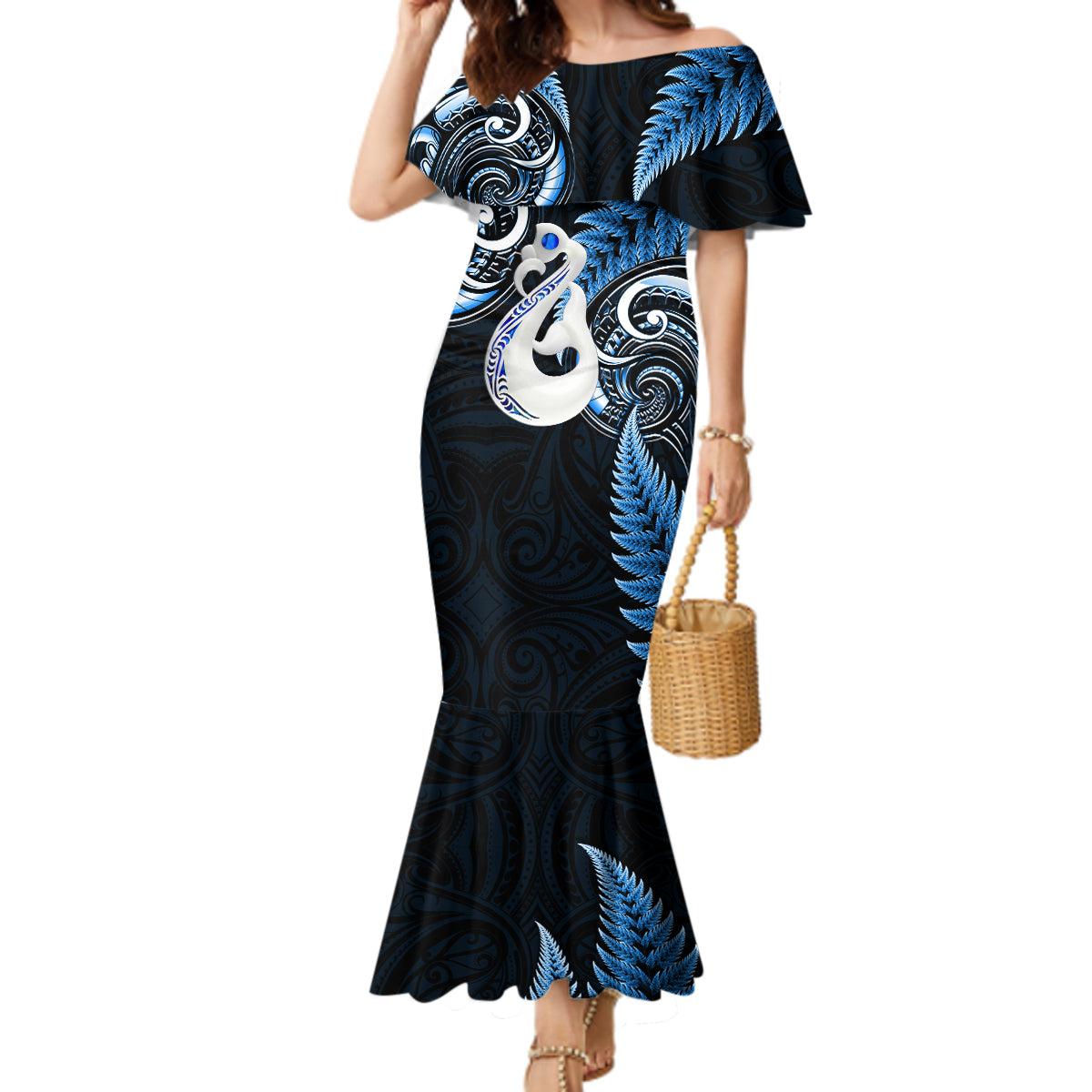 Personalised New Zealand Mermaid Dress Aotearoa Silver Fern With Manaia Maori Unique Blue LT14 Women Blue - Polynesian Pride