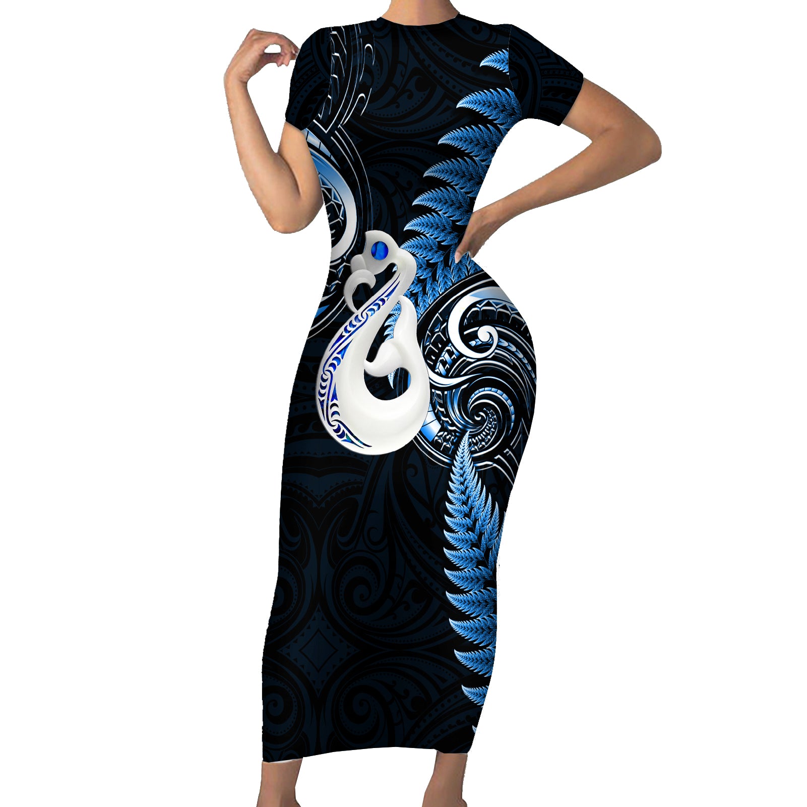 Personalised New Zealand Short Sleeve Bodycon Dress Aotearoa Silver Fern With Manaia Maori Unique Blue LT14 Long Dress Blue - Polynesian Pride