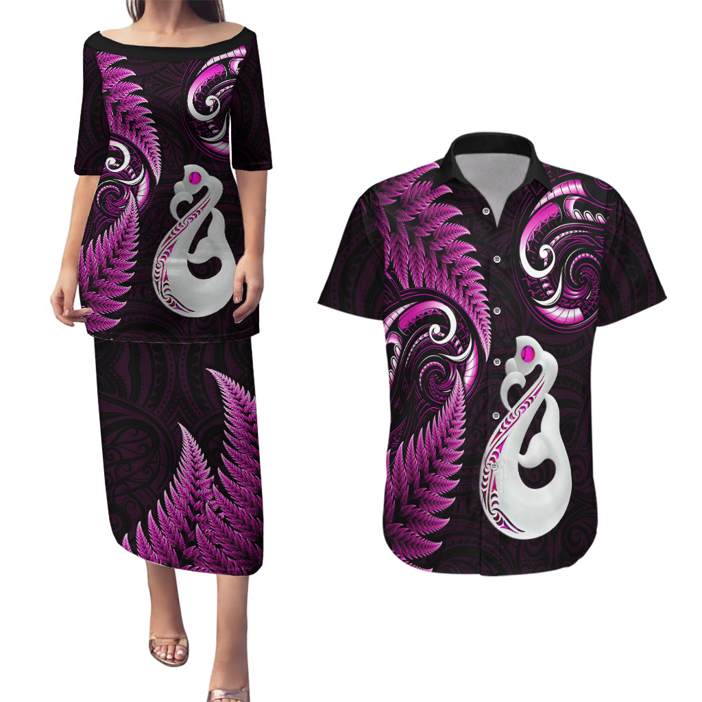 Personalised New Zealand Couples Puletasi Dress and Hawaiian Shirt Aotearoa Silver Fern With Manaia Maori Unique Pink LT14 Pink - Polynesian Pride