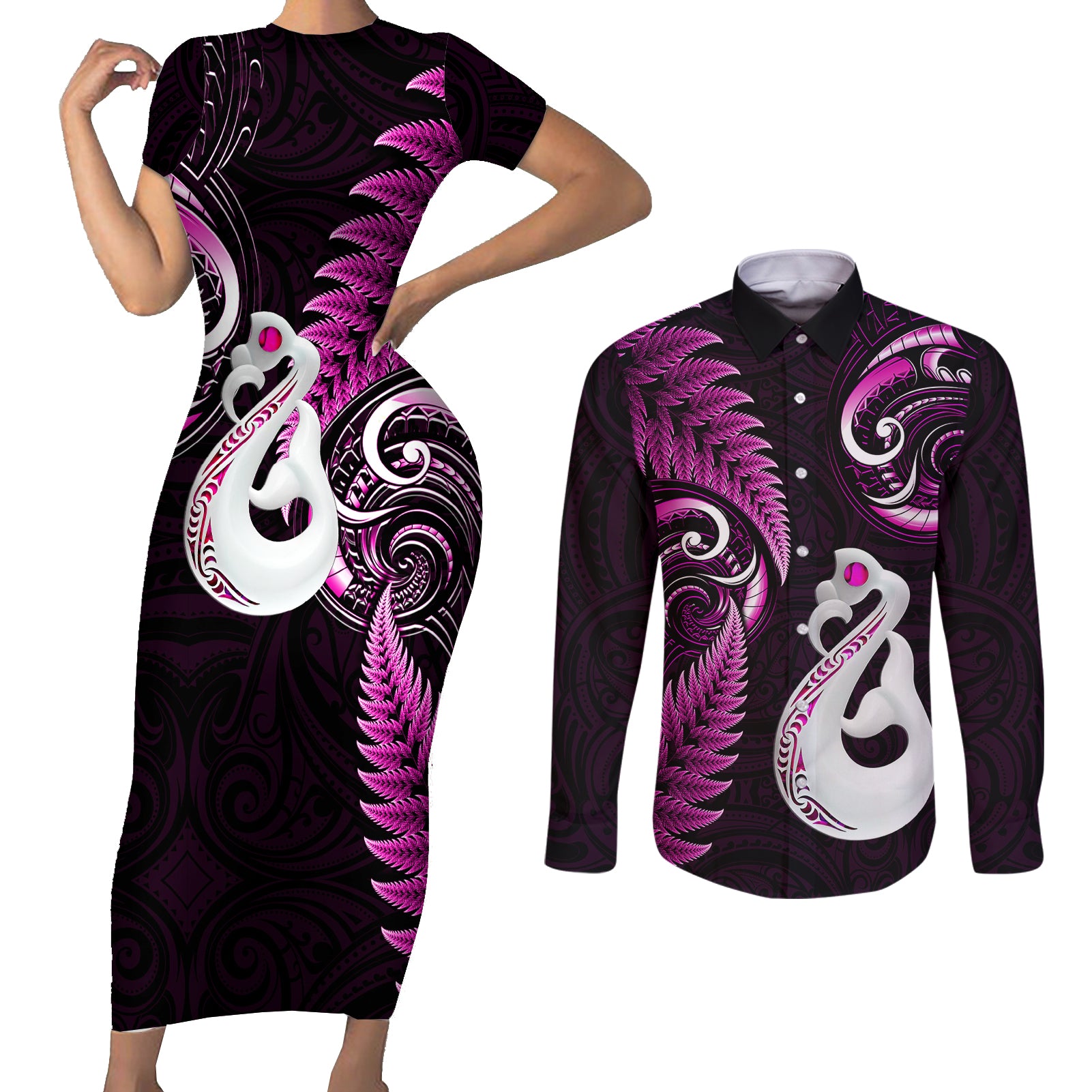 Personalised New Zealand Couples Short Sleeve Bodycon Dress and Long Sleeve Button Shirts Aotearoa Silver Fern With Manaia Maori Unique Pink LT14 Pink - Polynesian Pride