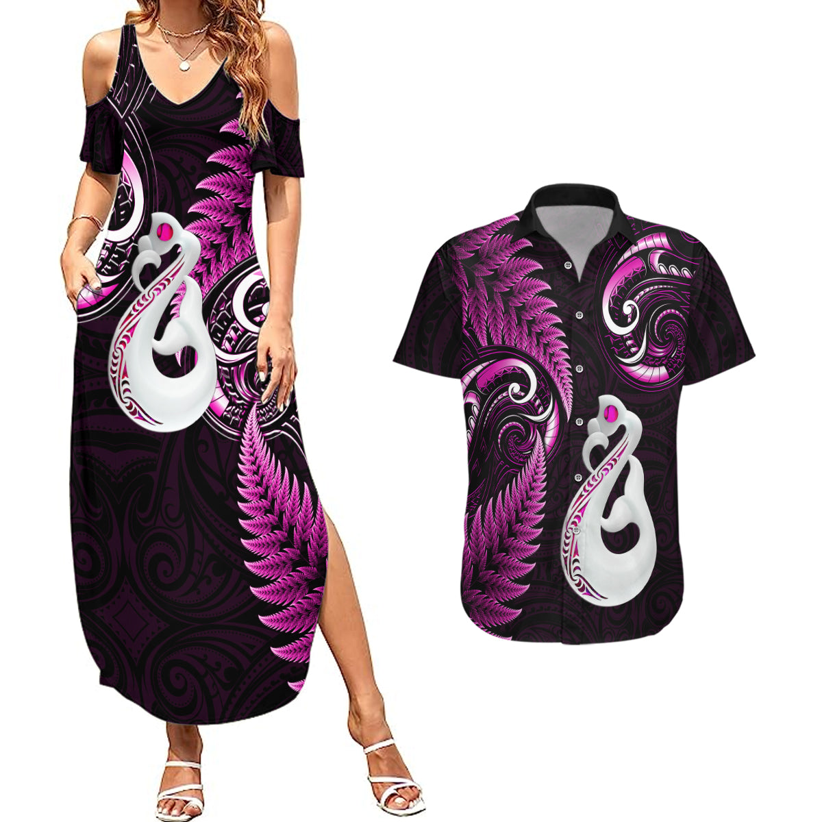 Personalised New Zealand Couples Summer Maxi Dress and Hawaiian Shirt Aotearoa Silver Fern With Manaia Maori Unique Pink LT14 Pink - Polynesian Pride