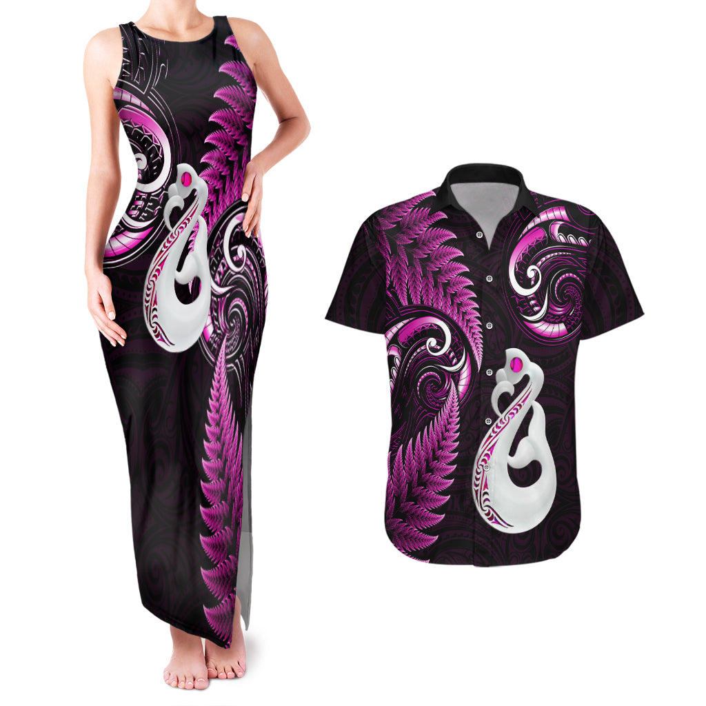 Personalised New Zealand Couples Matching Tank Maxi Dress And Hawaiian Shirt Aotearoa Silver Fern With Manaia Maori Unique Pink LT14 Pink - Polynesian Pride