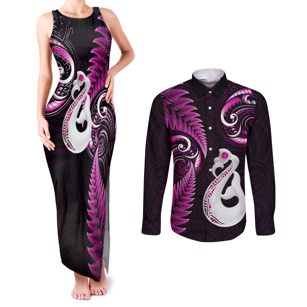 Personalised New Zealand Couples Matching Tank Maxi Dress and Long Sleeve Button Shirts Aotearoa Silver Fern With Manaia Maori Unique Pink LT14 Pink - Polynesian Pride