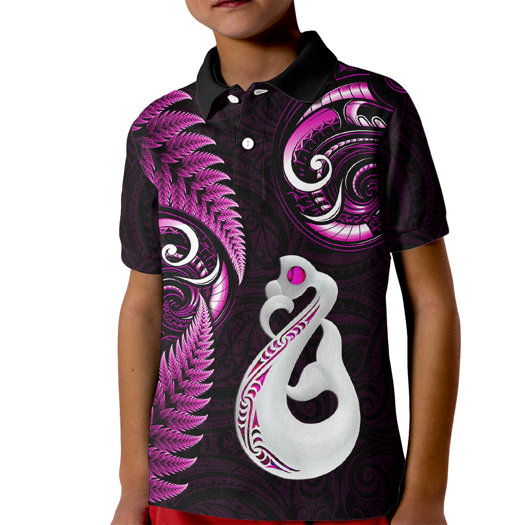 Personalised New Zealand Kid Polo Shirt Aotearoa Silver Fern With Manaia Maori Unique Pink LT14 Kid Pink - Polynesian Pride