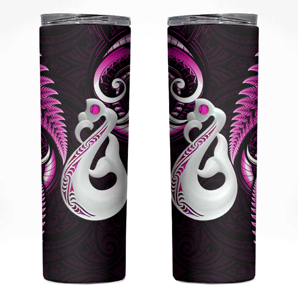 New Zealand Skinny Tumbler Aotearoa Silver Fern With Manaia Maori Unique Pink