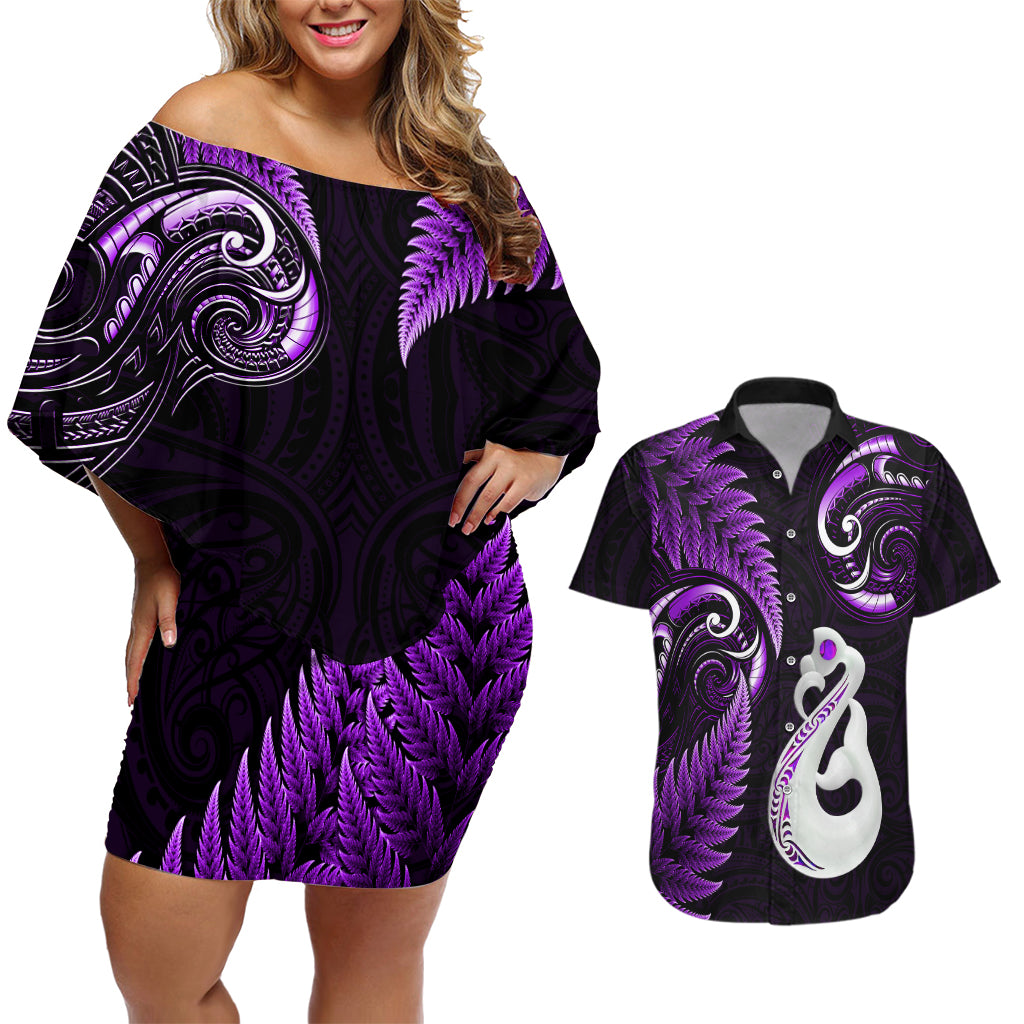 Personalised New Zealand Couples Off Shoulder Short Dress and Hawaiian Shirt Aotearoa Silver Fern With Manaia Maori Unique Purple LT14 Purple - Polynesian Pride