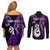 Personalised New Zealand Couples Off Shoulder Short Dress and Long Sleeve Button Shirts Aotearoa Silver Fern With Manaia Maori Unique Purple LT14 - Polynesian Pride