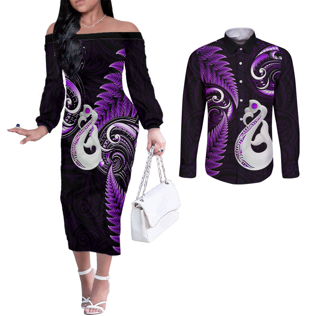 Personalised New Zealand Couples Off The Shoulder Long Sleeve Dress and Long Sleeve Button Shirts Aotearoa Silver Fern With Manaia Maori Unique Purple LT14 Purple - Polynesian Pride