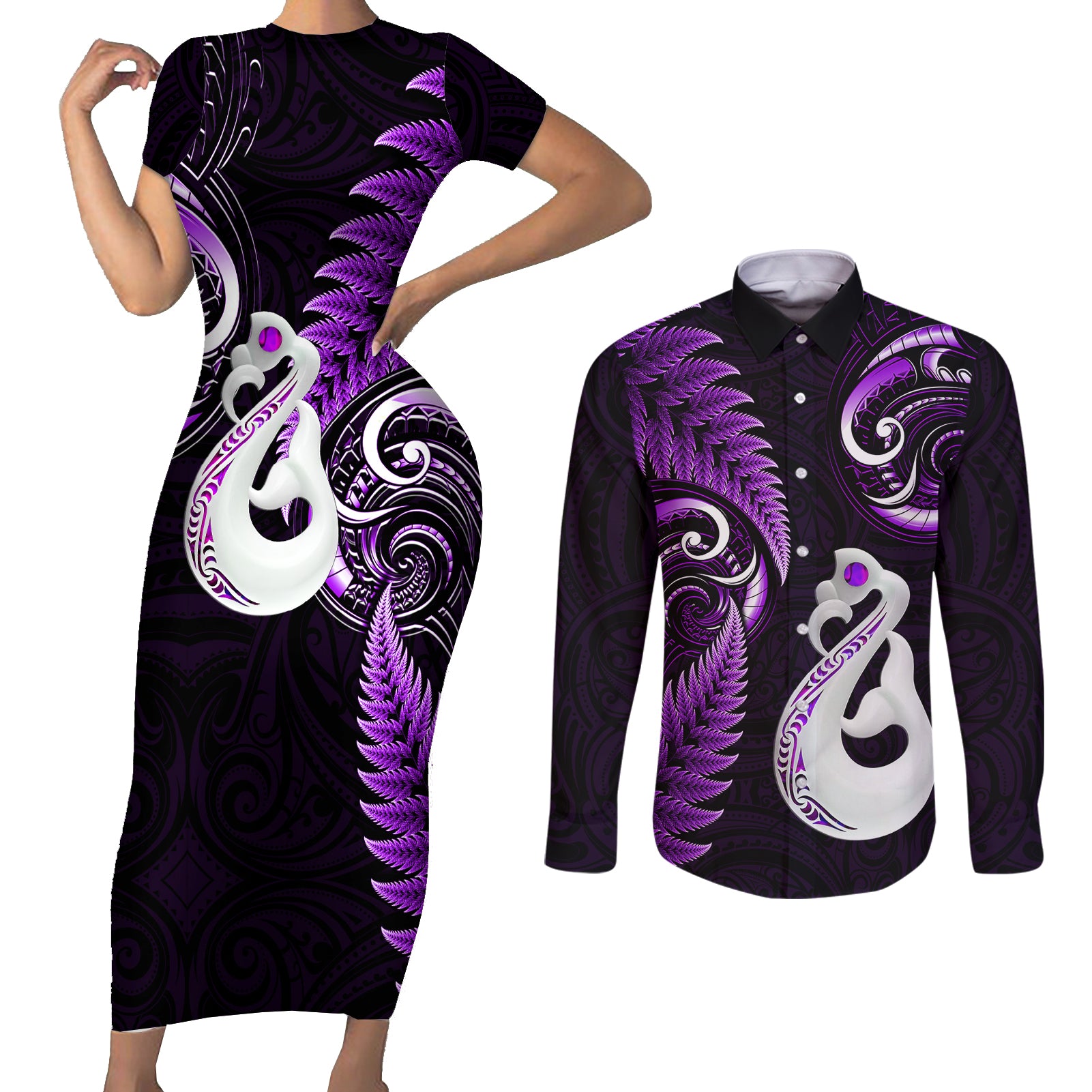 Personalised New Zealand Couples Short Sleeve Bodycon Dress and Long Sleeve Button Shirts Aotearoa Silver Fern With Manaia Maori Unique Purple LT14 Purple - Polynesian Pride