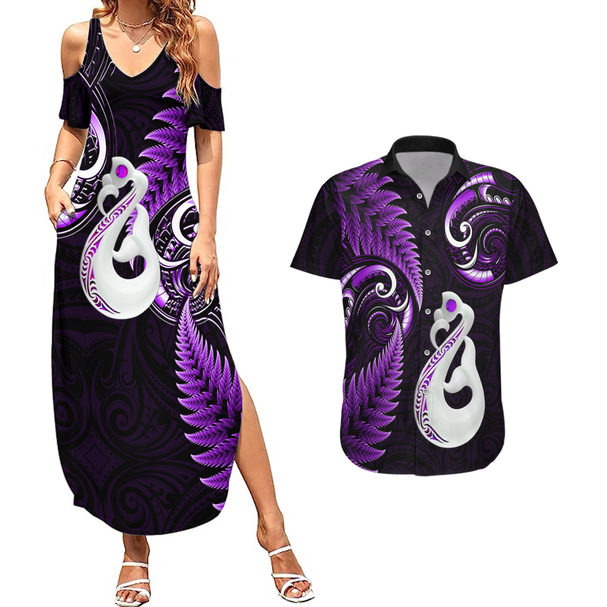 Personalised New Zealand Couples Summer Maxi Dress and Hawaiian Shirt Aotearoa Silver Fern With Manaia Maori Unique Purple LT14 Purple - Polynesian Pride