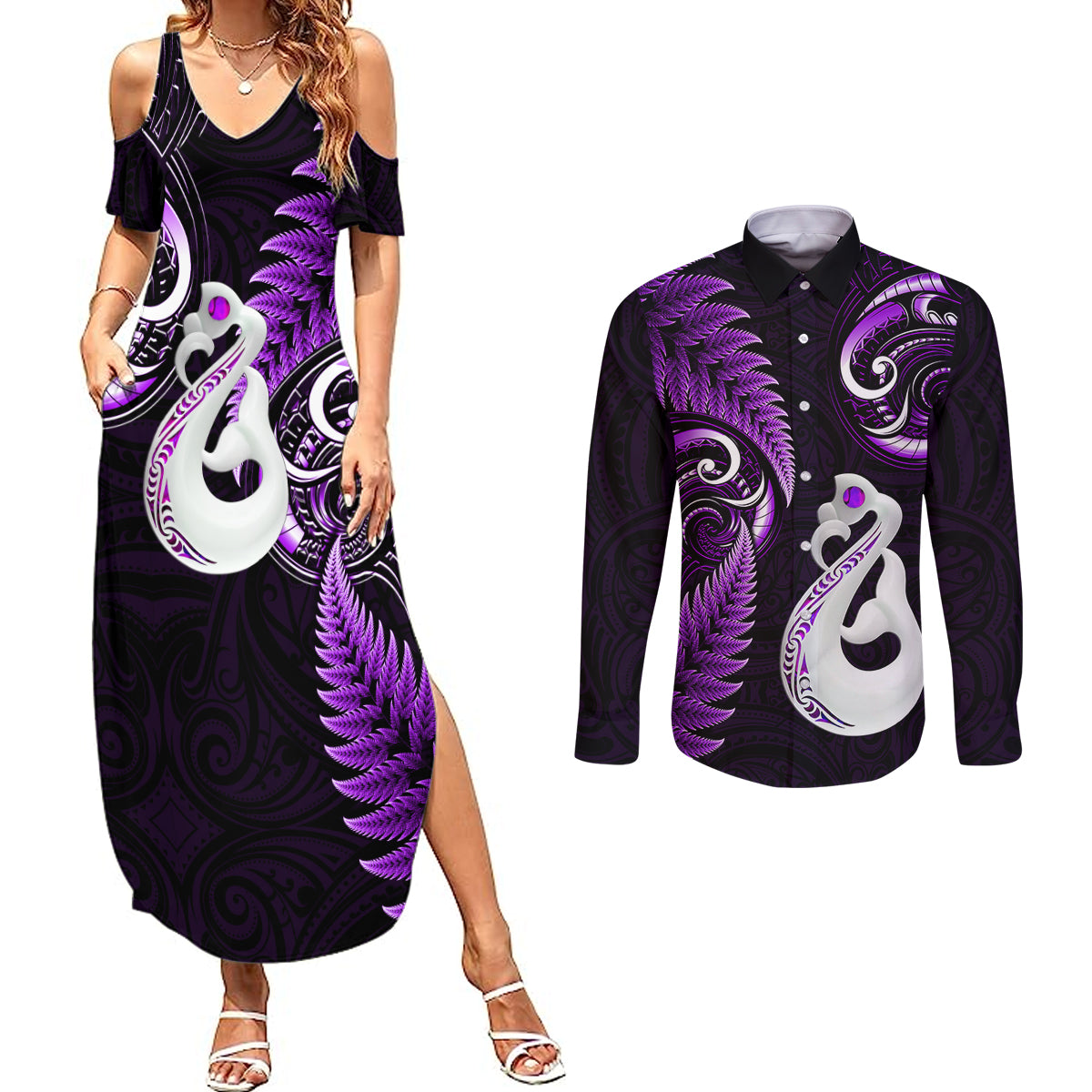 Personalised New Zealand Couples Summer Maxi Dress and Long Sleeve Button Shirts Aotearoa Silver Fern With Manaia Maori Unique Purple LT14 Purple - Polynesian Pride