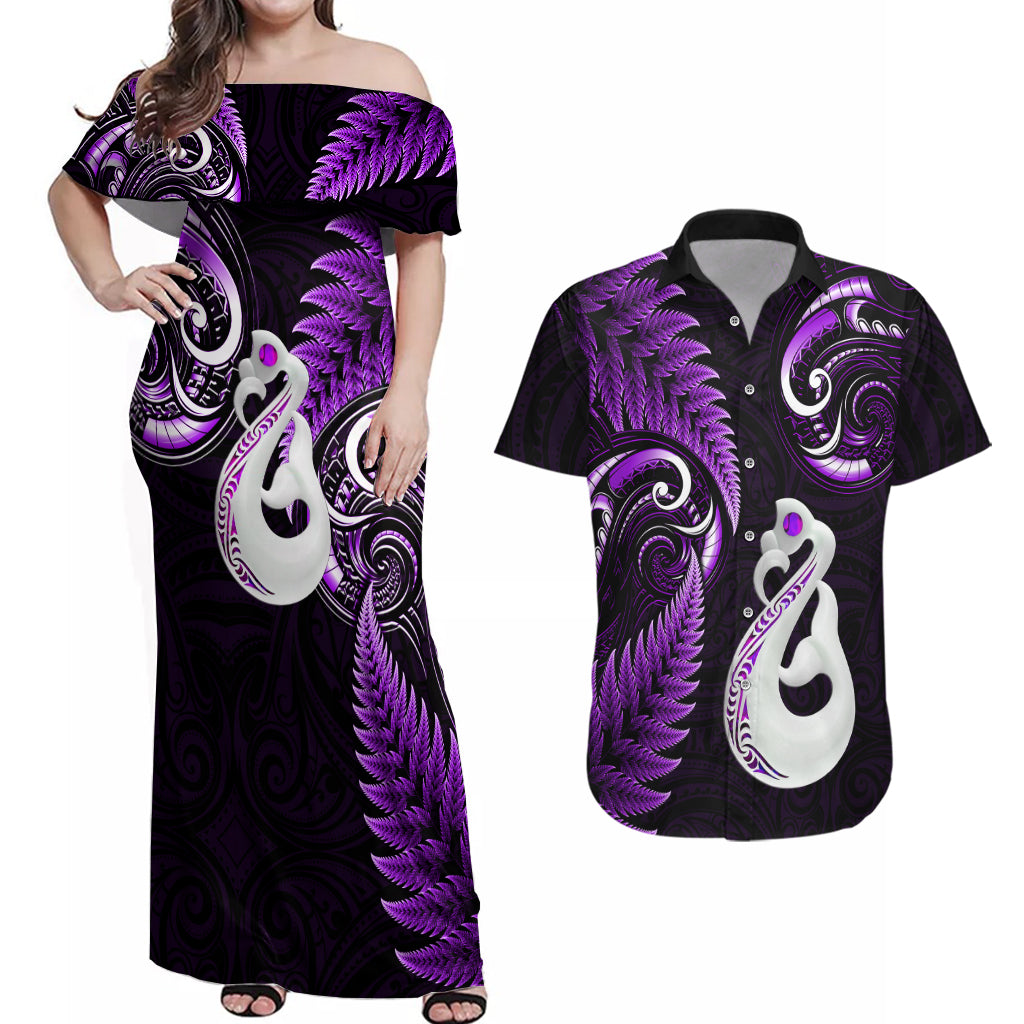 Personalised New Zealand Couples Off Shoulder Maxi Dress and Hawaiian Shirt Aotearoa Silver Fern With Manaia Maori Unique Purple LT14 Purple - Polynesian Pride