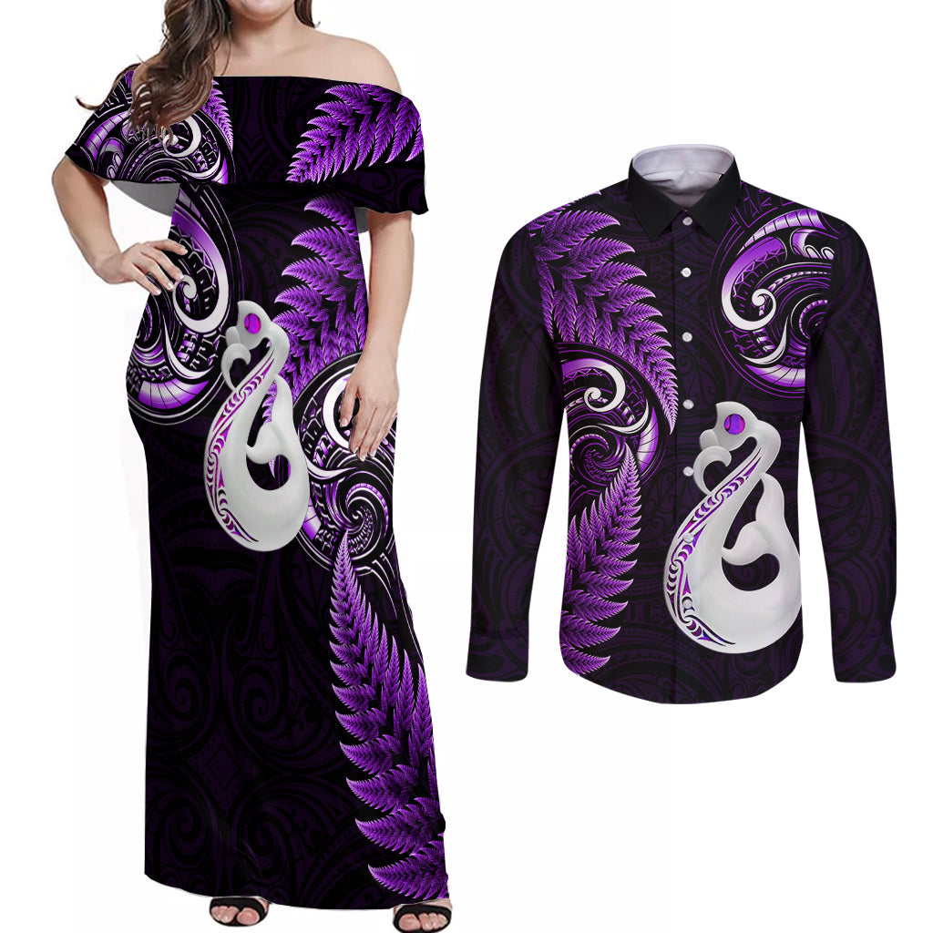 Personalised New Zealand Couples Off Shoulder Maxi Dress and Long Sleeve Button Shirts Aotearoa Silver Fern With Manaia Maori Unique Purple LT14 Purple - Polynesian Pride