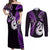 Personalised New Zealand Couples Off Shoulder Maxi Dress and Long Sleeve Button Shirts Aotearoa Silver Fern With Manaia Maori Unique Purple LT14 Purple - Polynesian Pride