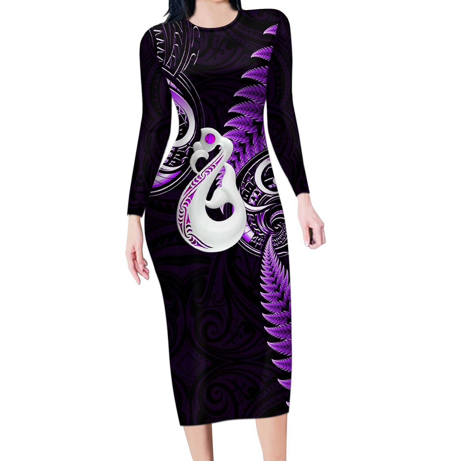 Personalised New Zealand Long Sleeve Bodycon Dress Aotearoa Silver Fern With Manaia Maori Unique Purple LT14 Long Dress Purple - Polynesian Pride