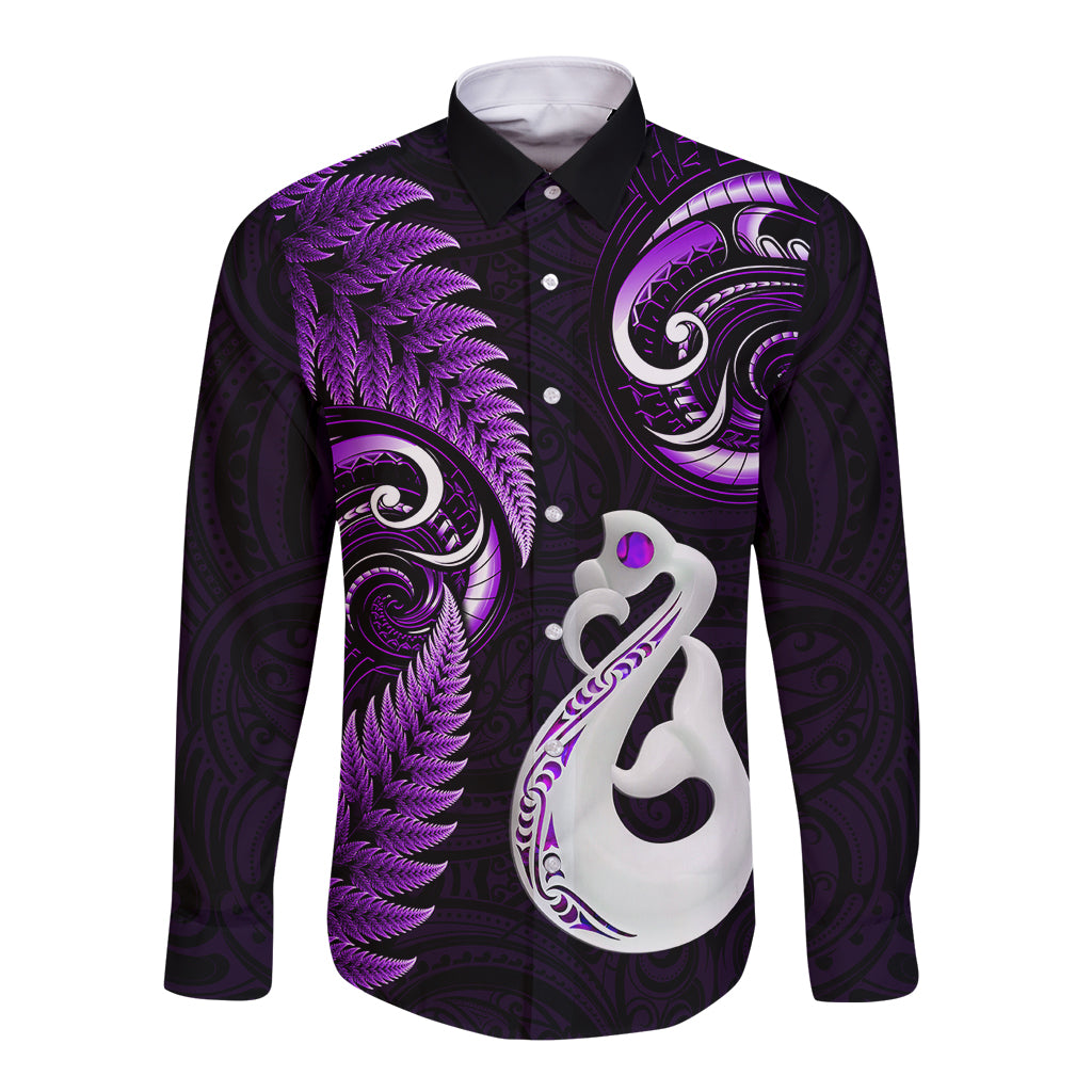 Personalised New Zealand Long Sleeve Button Shirt Aotearoa Silver Fern With Manaia Maori Unique Purple LT14 Unisex Purple - Polynesian Pride