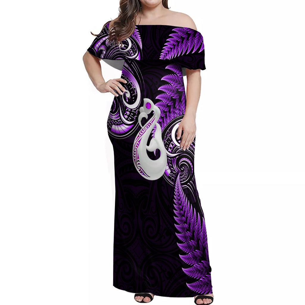 Personalised New Zealand Off Shoulder Maxi Dress Aotearoa Silver Fern With Manaia Maori Unique Purple LT14 Women Purple - Polynesian Pride