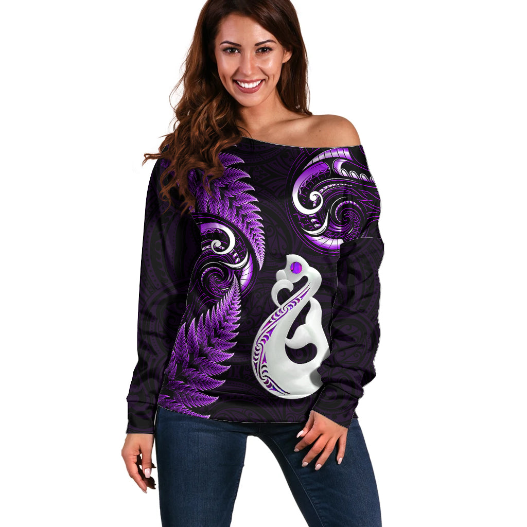 Personalised New Zealand Off Shoulder Sweater Aotearoa Silver Fern With Manaia Maori Unique Purple LT14 Women Purple - Polynesian Pride