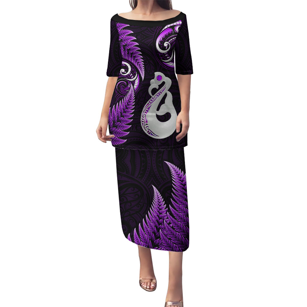 Personalised New Zealand Puletasi Aotearoa Silver Fern With Manaia Maori Unique Purple LT14 Long Dress Purple - Polynesian Pride