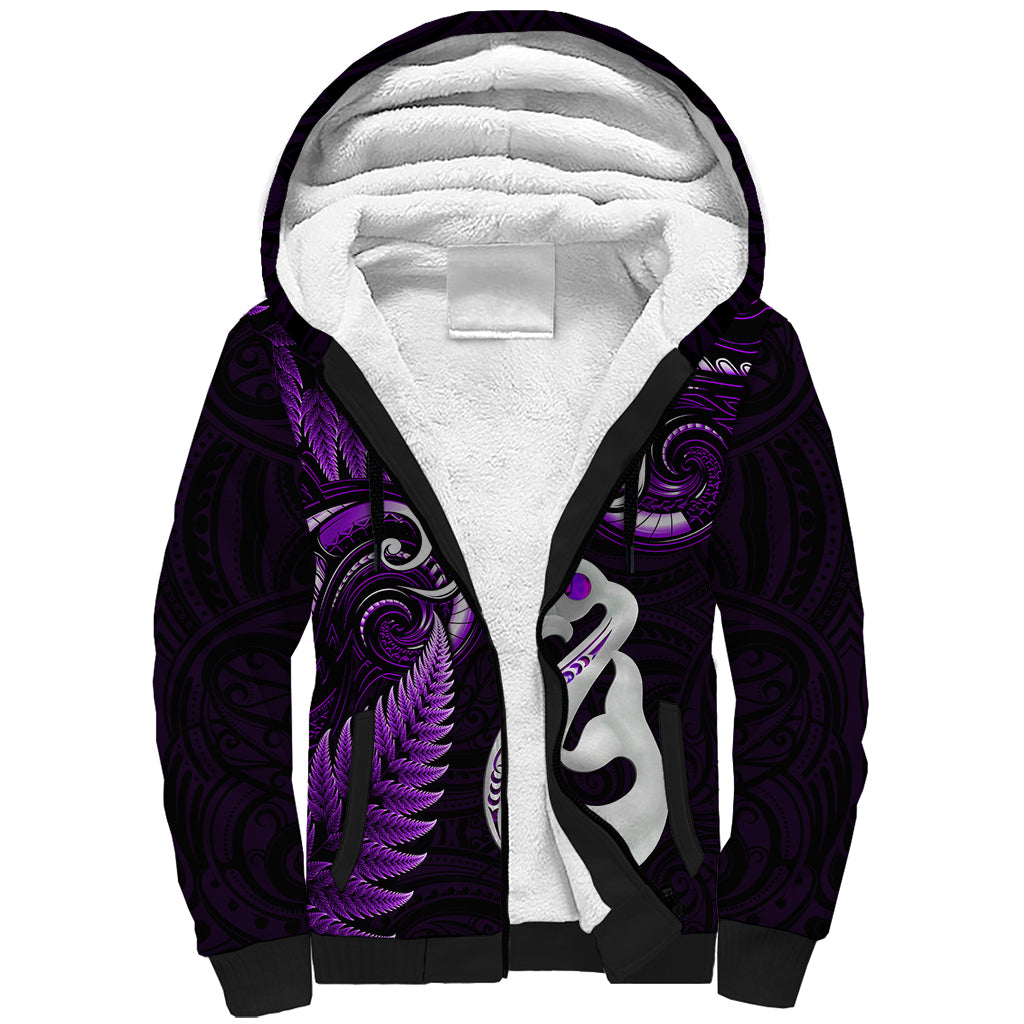 Personalised New Zealand Sherpa Hoodie Aotearoa Silver Fern With Manaia Maori Unique Purple LT14 Unisex Purple - Polynesian Pride