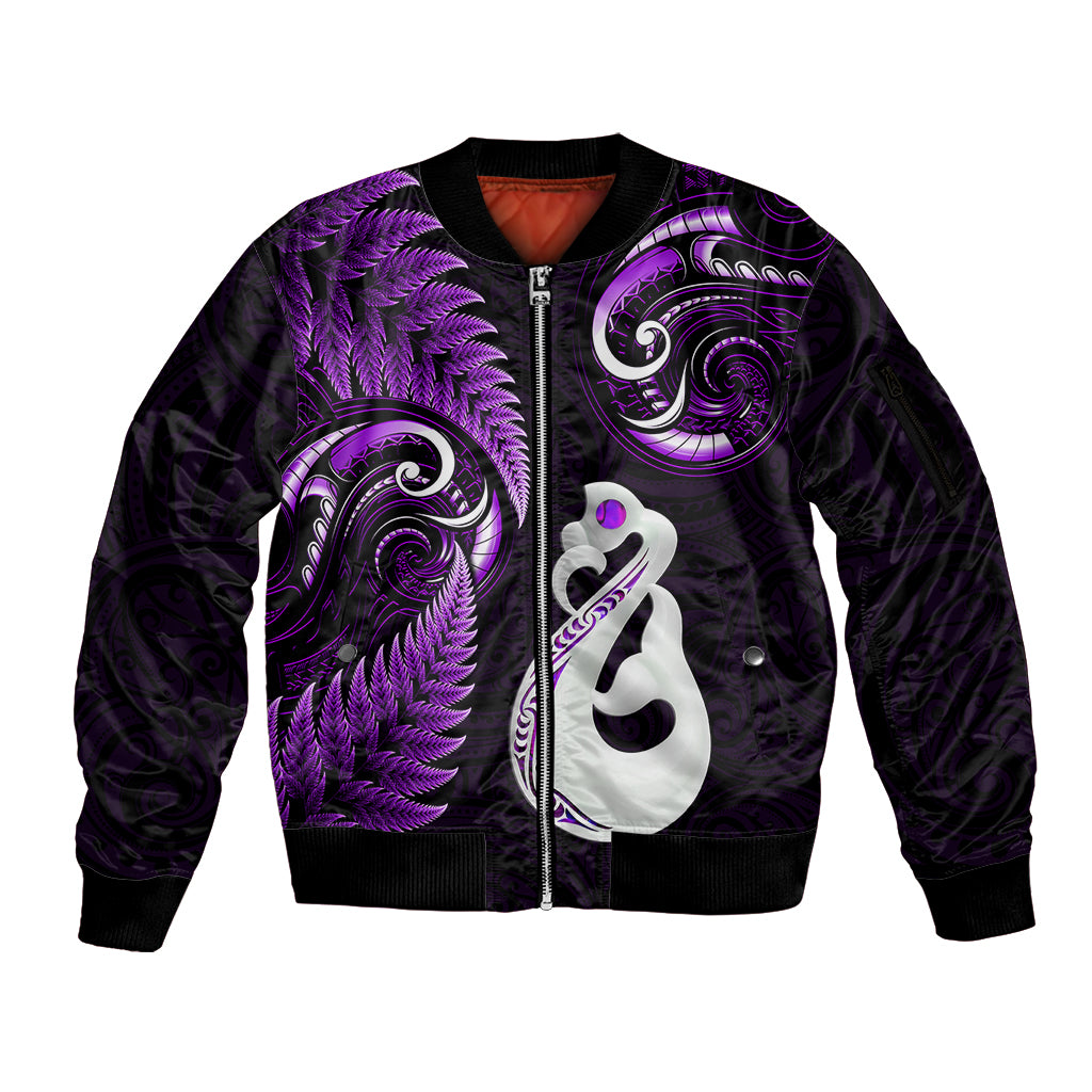 Personalised New Zealand Sleeve Zip Bomber Jacket Aotearoa Silver Fern With Manaia Maori Unique Purple LT14 Unisex Purple - Polynesian Pride