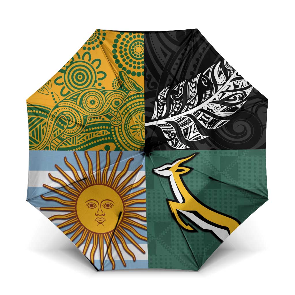 Rugby 2025 Championship Umbrella Combination of Southern Hemisphere Countries LT14 One Size Folded 11.42 inch Opened Diameter 37.4 inch Black - Polynesian Pride