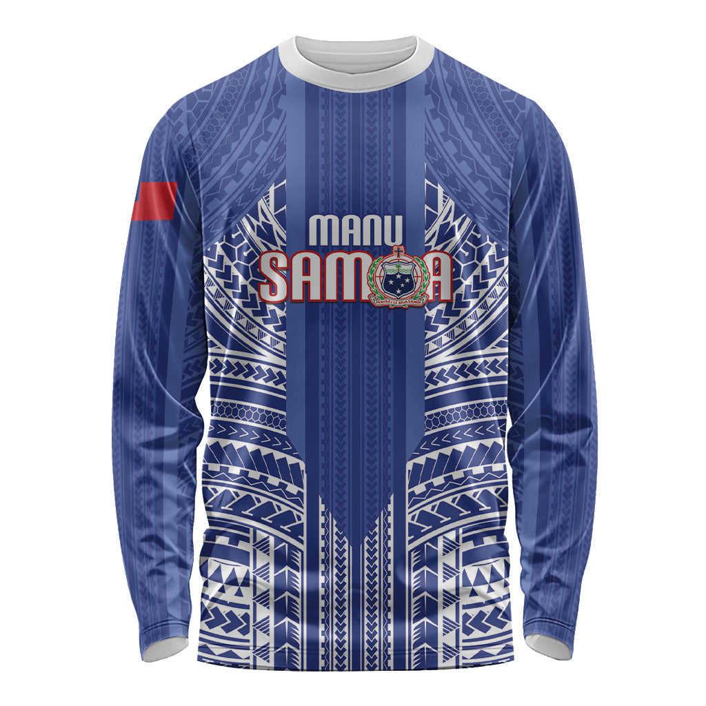Custom Manu Samoa Rugby 2026 Long Sleeve Shirt Samoan Pattern LT14 Unisex Blue - Polynesian Pride