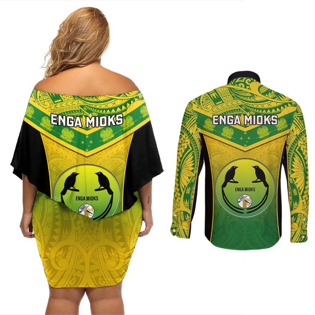 Papua New Guinea Rugby Couples Matching Off Shoulder Short Dress and Long Sleeve Button Shirts Enga Mioks PNG Polynesian Pattern LT14 - Polynesian Pride