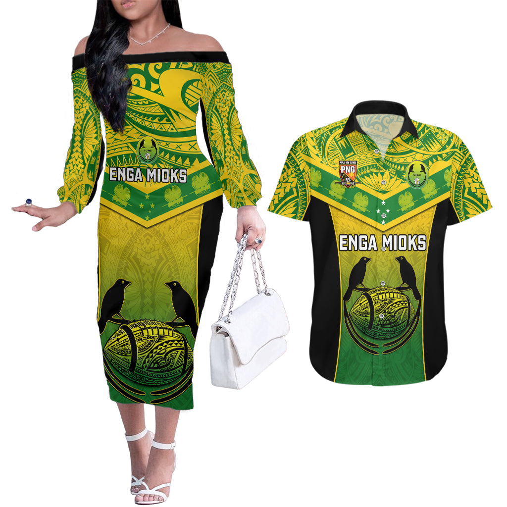 Papua New Guinea Rugby Couples Matching Off The Shoulder Long Sleeve Dress and Hawaiian Shirt Enga Mioks PNG Polynesian Pattern LT14 Green - Polynesian Pride