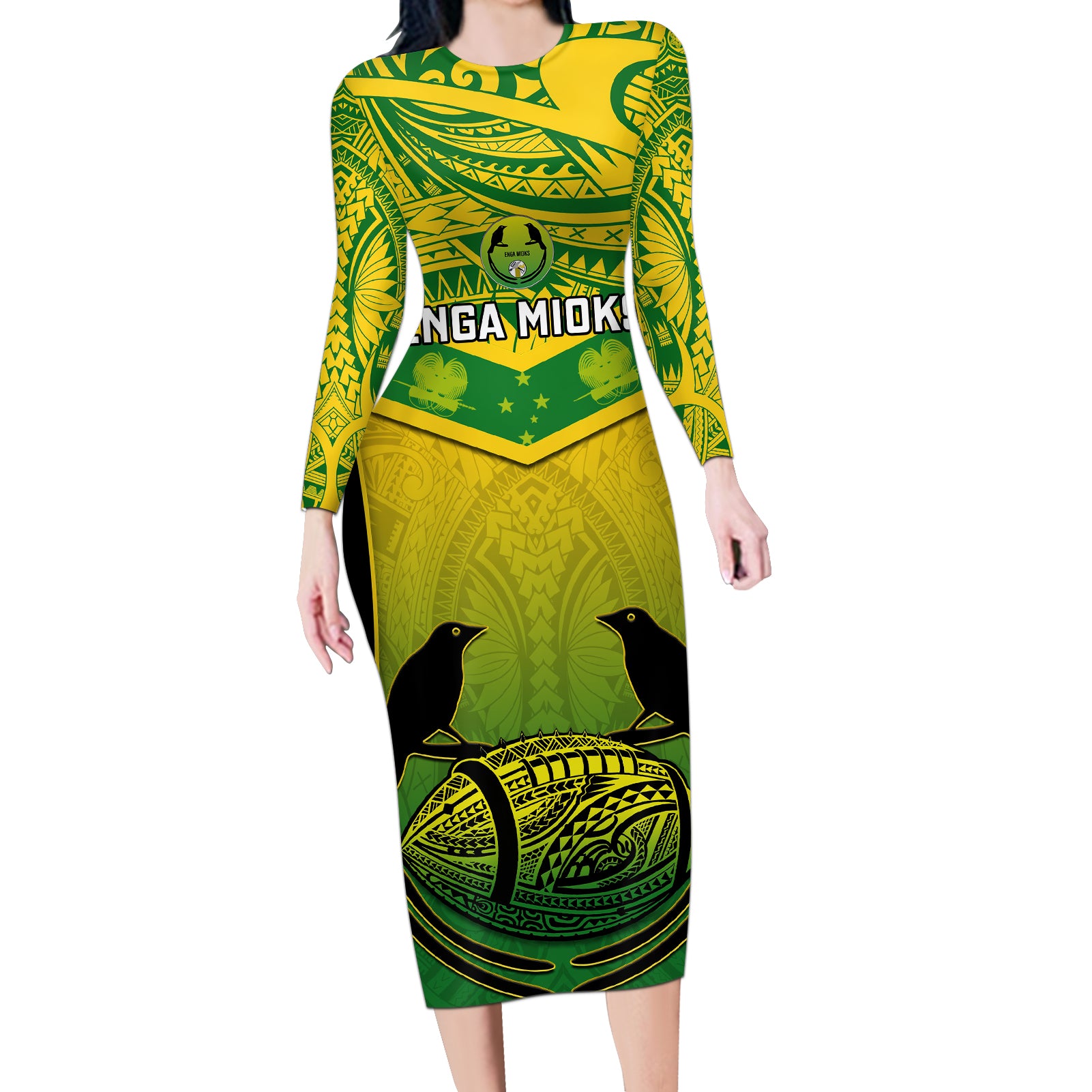 Papua New Guinea Rugby Long Sleeve Bodycon Dress Enga Mioks PNG Polynesian Pattern LT14 Long Dress Green - Polynesian Pride