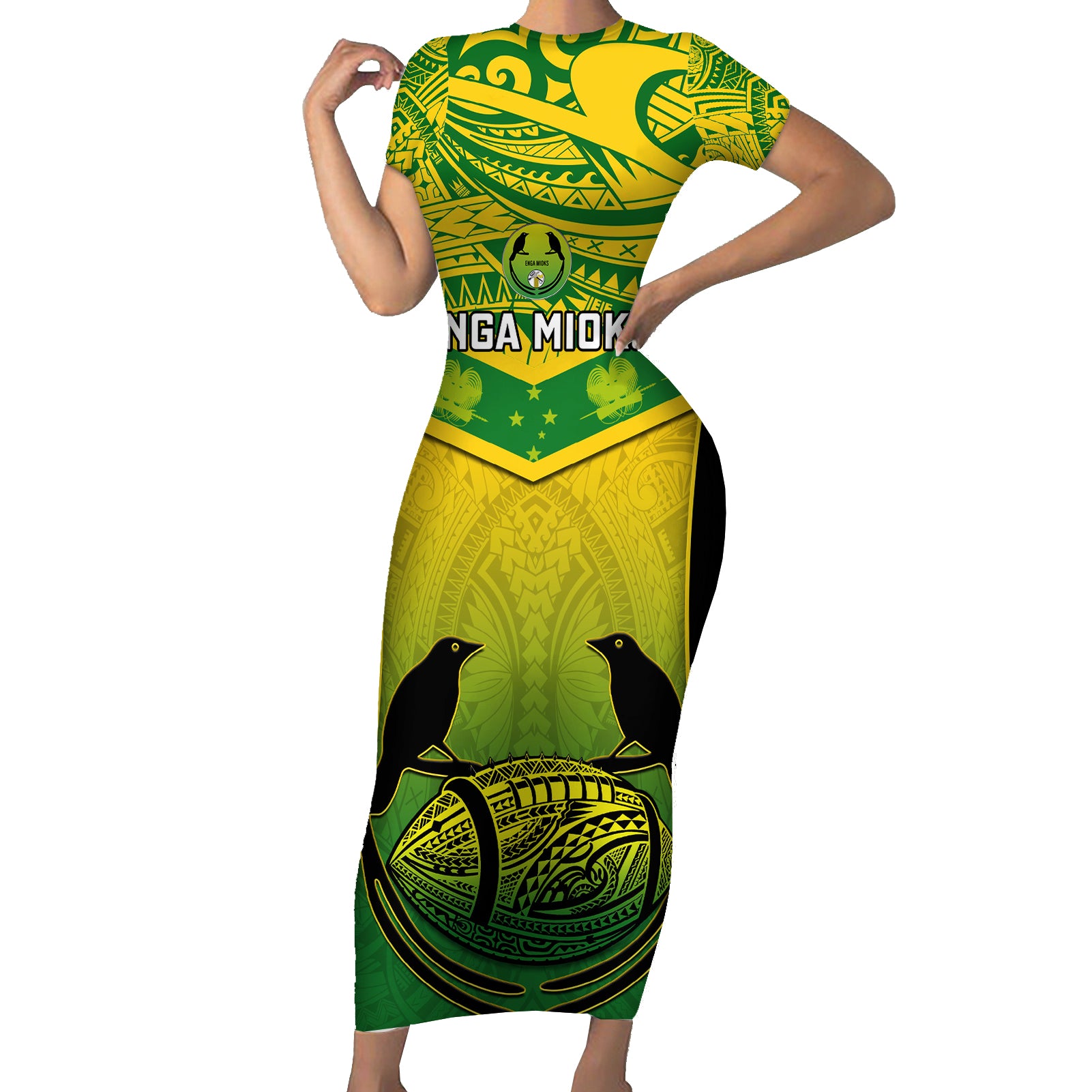 Papua New Guinea Rugby Short Sleeve Bodycon Dress Enga Mioks PNG Polynesian Pattern LT14 Long Dress Green - Polynesian Pride