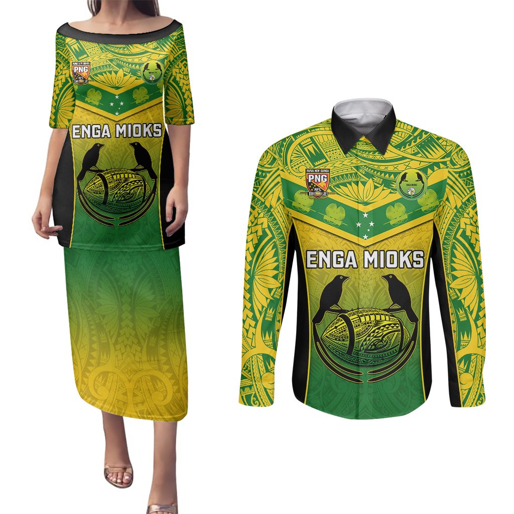 Custom Papua New Guinea Rugby Couples Matching Puletasi Dress and Long Sleeve Button Shirts Enga Mioks PNG Polynesian Pattern LT14 Green - Polynesian Pride