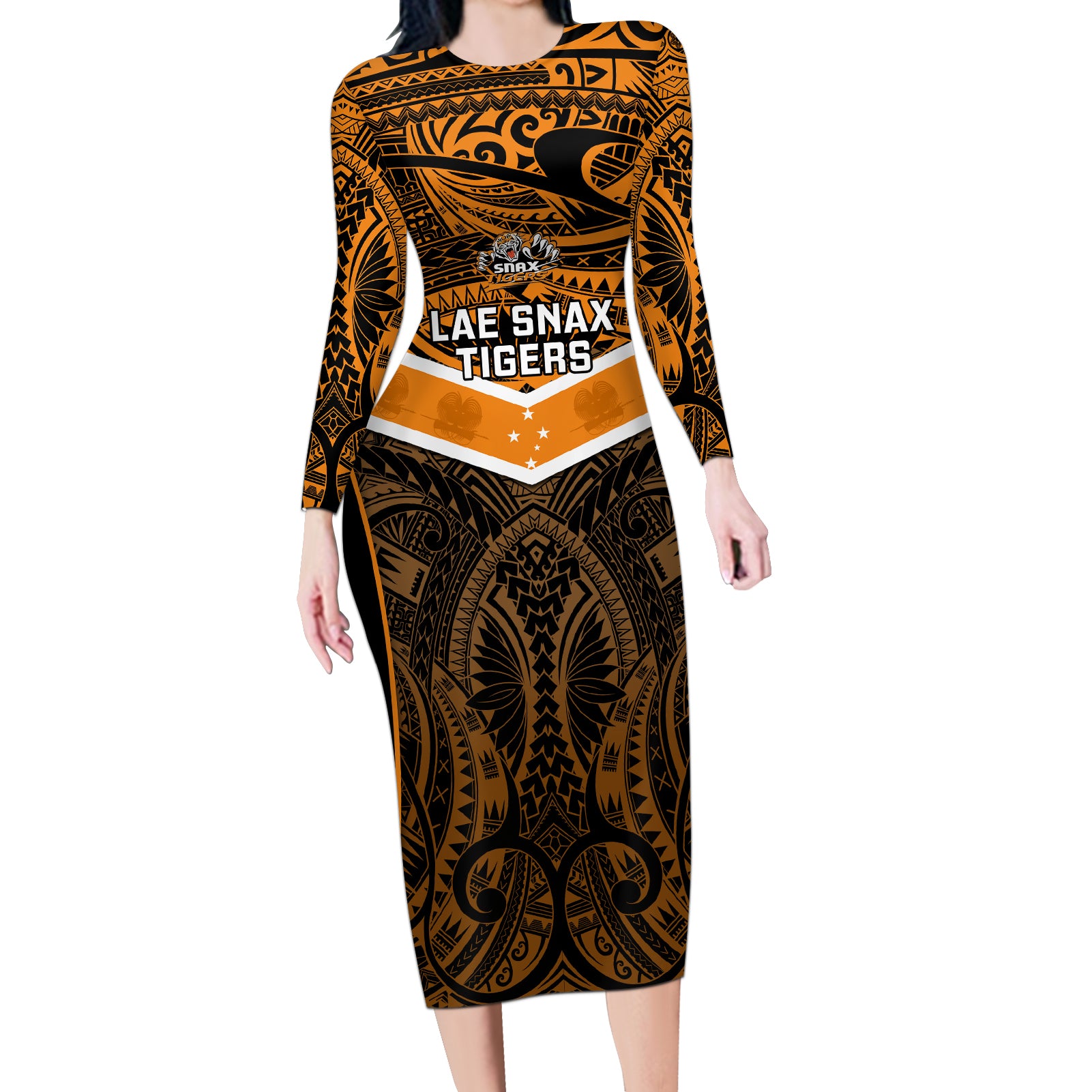 Papua New Guinea Rugby Long Sleeve Bodycon Dress Lae Snax Tigers PNG Polynesian Pattern LT14 Long Dress Orange - Polynesian Pride