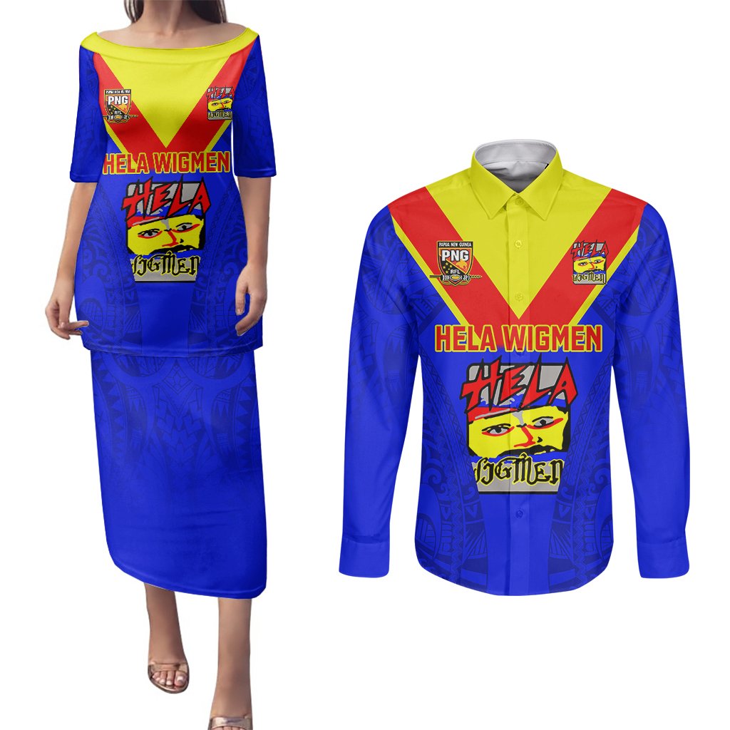 Papua New Guinea Rugby Couples Matching Puletasi Dress and Long Sleeve Button Shirts Hela Wigmen PNG Polynesian Pattern LT14 Blue - Polynesian Pride