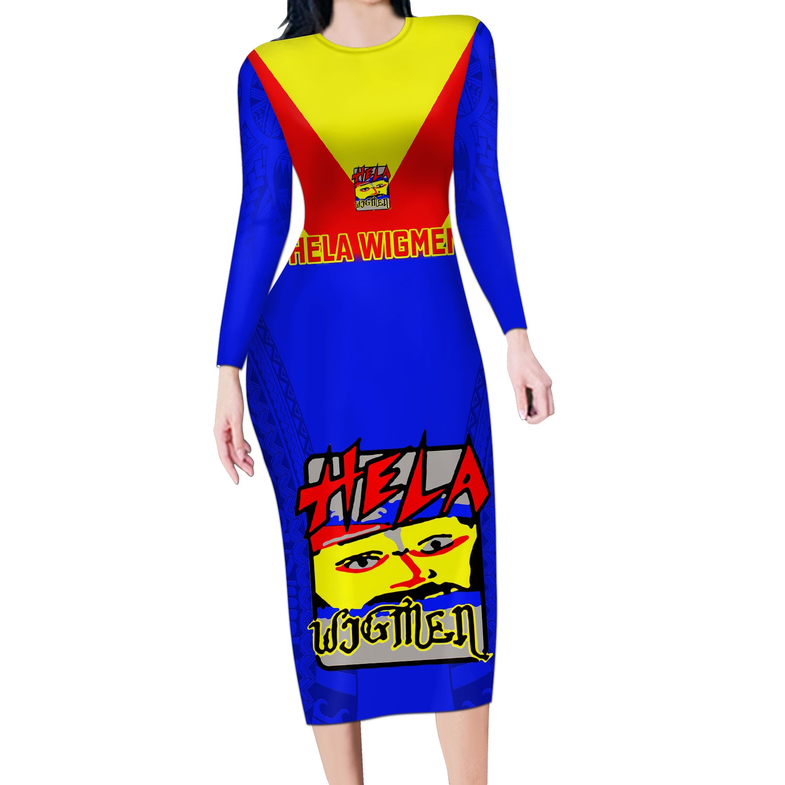 Papua New Guinea Rugby Long Sleeve Bodycon Dress Hela Wigmen PNG Polynesian Pattern LT14 Long Dress Blue - Polynesian Pride