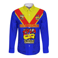 Custom Papua New Guinea Rugby Long Sleeve Button Shirt Hela Wigmen PNG Polynesian Pattern LT14 Unisex Blue - Polynesian Pride