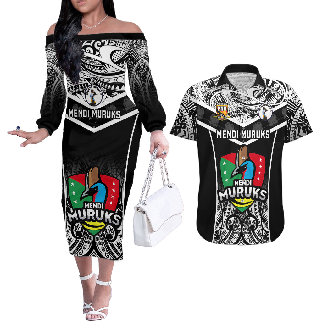 Papua New Guinea Rugby Couples Matching Off The Shoulder Long Sleeve Dress and Hawaiian Shirt Mendi Muruks PNG Polynesian Pattern LT14 Black - Polynesian Pride