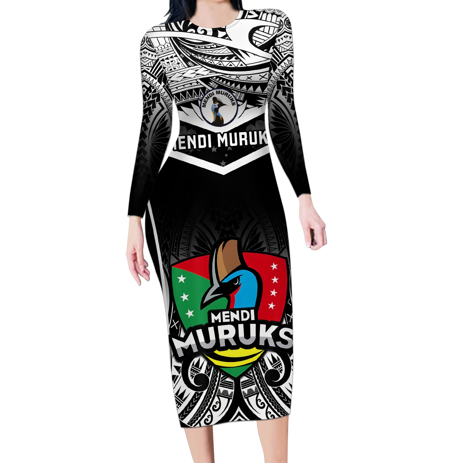 Custom Papua New Guinea Rugby Long Sleeve Bodycon Dress Mendi Muruks PNG Polynesian Pattern LT14 Long Dress Black - Polynesian Pride