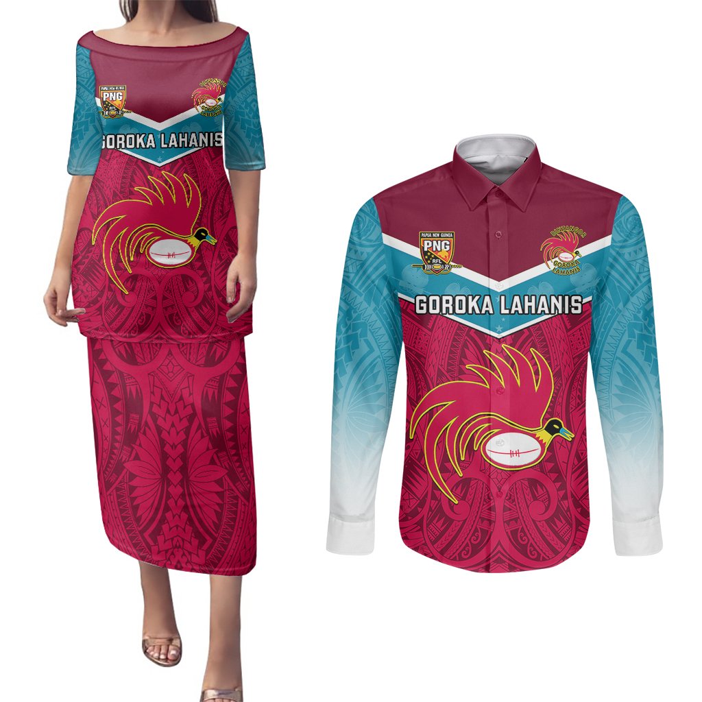 Custom Papua New Guinea Rugby Couples Matching Puletasi Dress and Long Sleeve Button Shirts Goroka Lahanis PNG Polynesian Pattern LT14 Red - Polynesian Pride