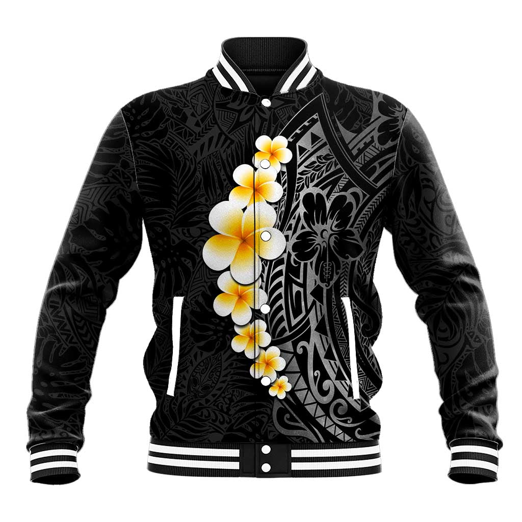 Black Tropical Plumeria With Galaxy Polynesian Art Baseball Jacket LT14 Unisex Black - Polynesian Pride